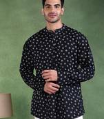 Men black cotton bandhani printed straight short kurta