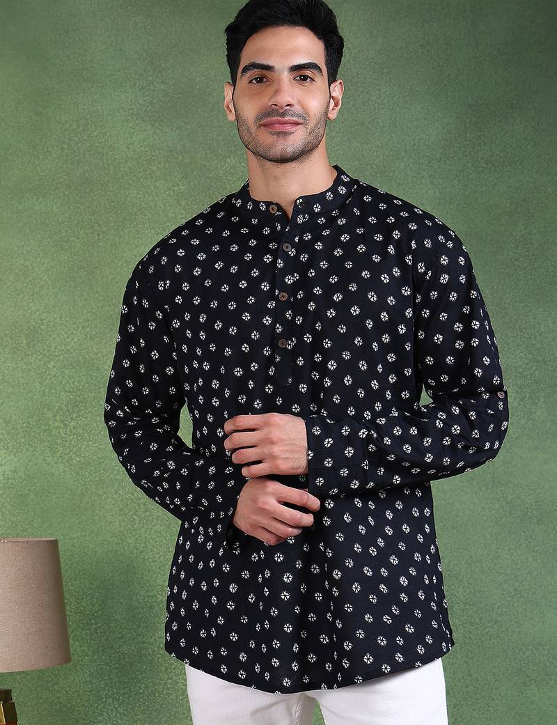 Men black cotton bandhani printed straight short kurta