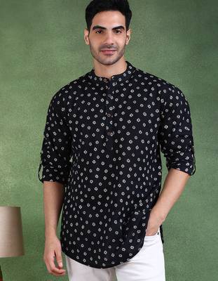 Men black cotton bandhani printed straight short kurta 2