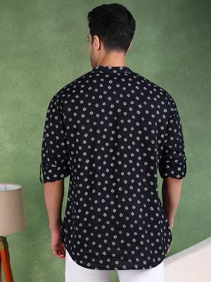 Men black cotton bandhani printed straight short kurta 4