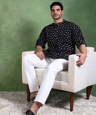 Men black cotton bandhani printed straight short kurta 5