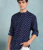 Men blue cotton bandhani printed straight short kurta