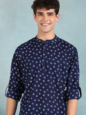 Men blue cotton bandhani printed straight short kurta 2