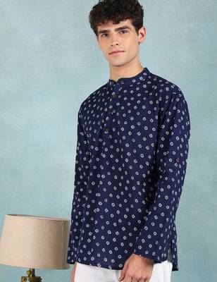 Men blue cotton bandhani printed straight short kurta 3