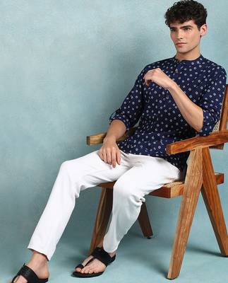Men blue cotton bandhani printed straight short kurta 5