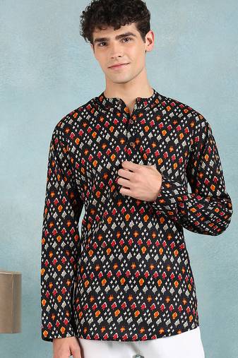 Men black cotton ikat printed straight short kurta