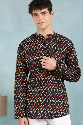 Men black cotton ikat printed straight short kurta