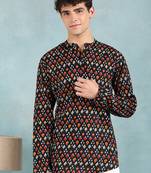Men black cotton ikat printed straight short kurta