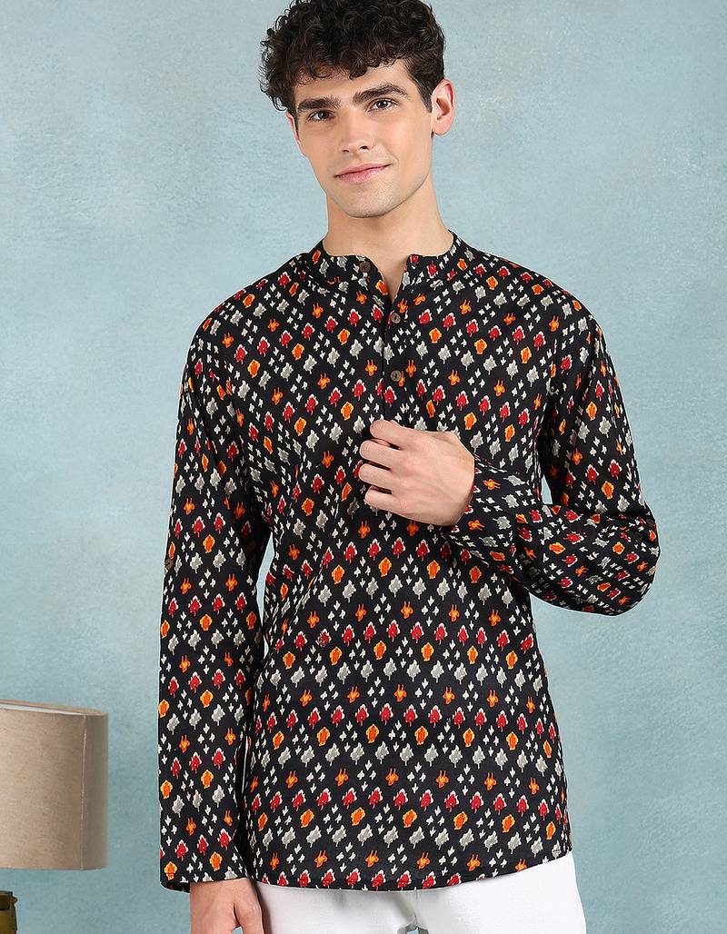 Men black cotton ikat printed straight short kurta