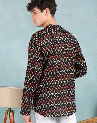 Men black cotton ikat printed straight short kurta 4