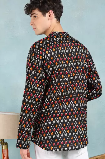 Men black cotton ikat printed straight short kurta