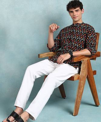 Men black cotton ikat printed straight short kurta 5