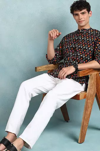 Men black cotton ikat printed straight short kurta