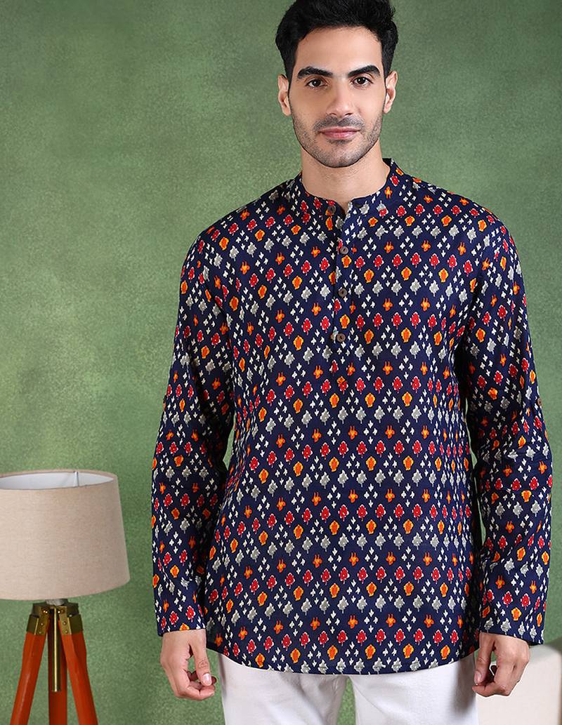 Men blue cotton geometric printed straight short kurta