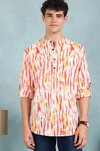 Men white cotton batik printed straight short kurta