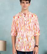 Men white cotton batik printed straight short kurta