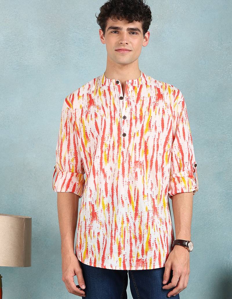 Men white cotton batik printed straight short kurta