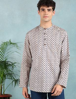 Men beige cotton geometric printed straight short kurta 1