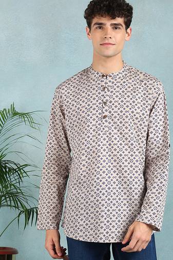 Men beige cotton geometric printed straight short kurta