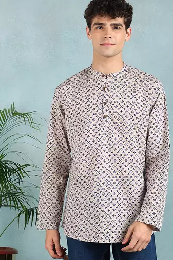 Men beige cotton geometric printed straight short kurta