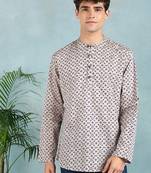 Men beige cotton geometric printed straight short kurta