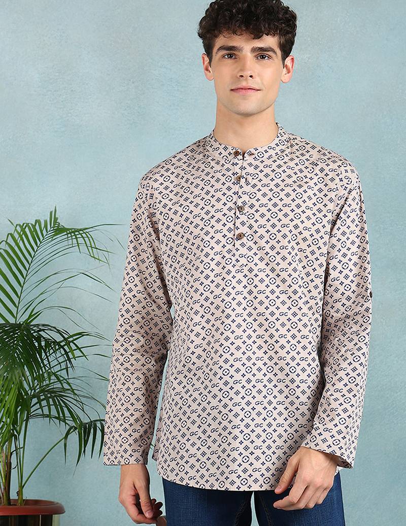 Men beige cotton geometric printed straight short kurta
