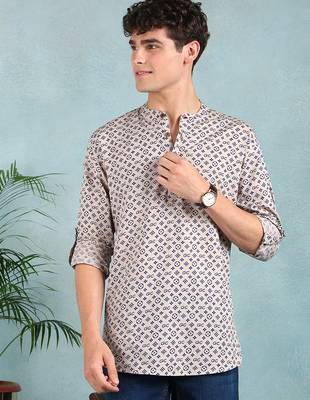 Men beige cotton geometric printed straight short kurta 2