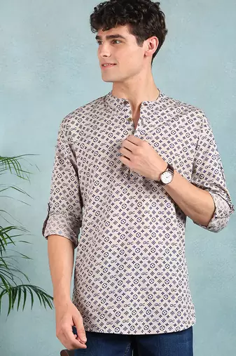 Men beige cotton geometric printed straight short kurta