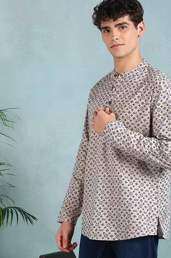 Men beige cotton geometric printed straight short kurta