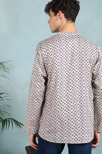 Men beige cotton geometric printed straight short kurta