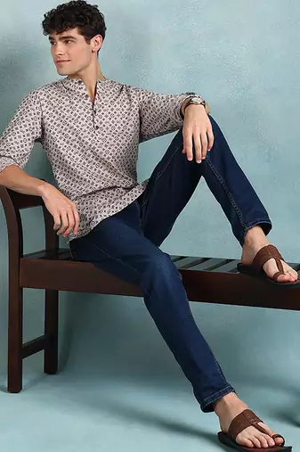 Men beige cotton geometric printed straight short kurta