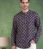 Men blue cotton floral printed straight short kurta