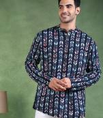 Men blue viscose rayon chevron printed straight short kurta