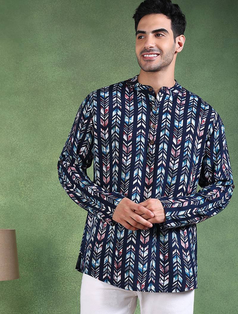 Men blue viscose rayon chevron printed straight short kurta