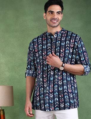 Men blue viscose rayon chevron printed straight short kurta 2