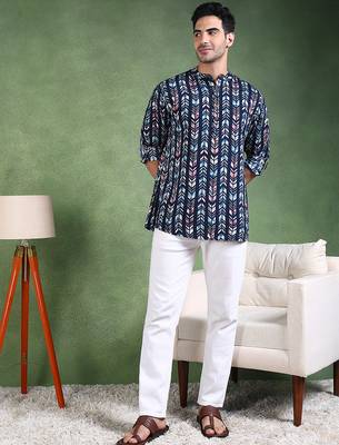 Men blue viscose rayon chevron printed straight short kurta 5