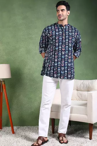 Men blue viscose rayon chevron printed straight short kurta