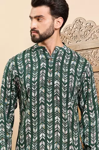 Mens green viscose rayon chevron printed ethnic straight short kurta