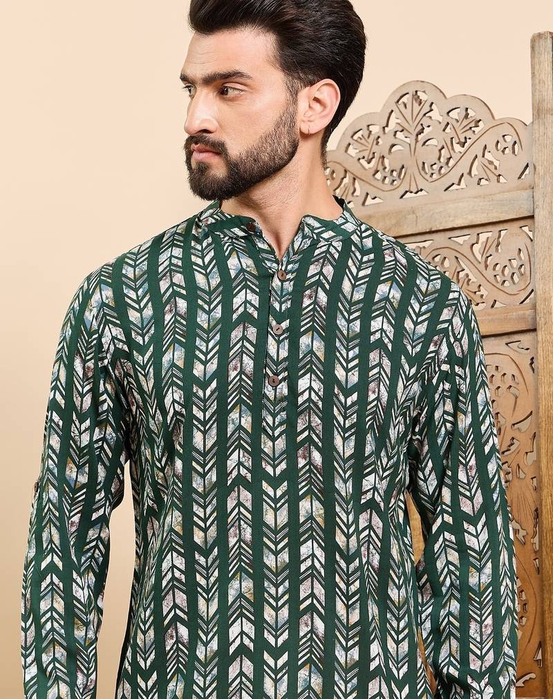 Mens green viscose rayon chevron printed ethnic straight short kurta