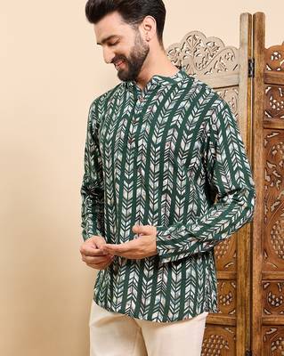 Mens green viscose rayon chevron printed ethnic straight short kurta 2