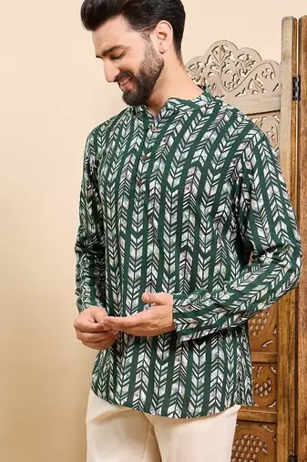 Mens green viscose rayon chevron printed ethnic straight short kurta