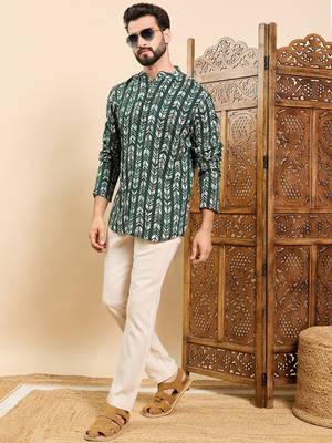 Mens green viscose rayon chevron printed ethnic straight short kurta 4