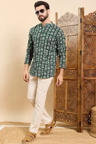 Mens green viscose rayon chevron printed ethnic straight short kurta