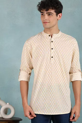 Men off white cotton geometric printed straight short kurta