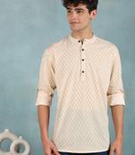 Men off white cotton geometric printed straight short kurta