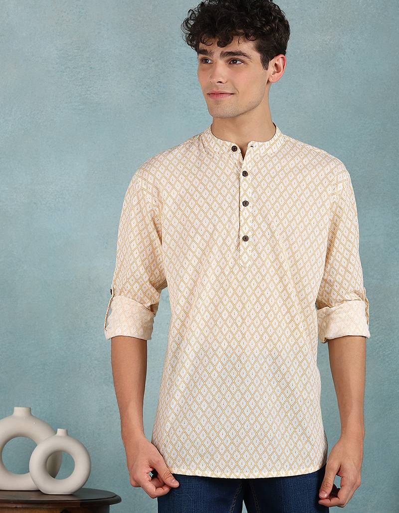 Men off white cotton geometric printed straight short kurta