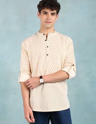 Men off white cotton geometric printed straight short kurta 2