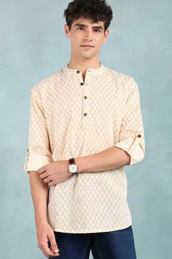 Men off white cotton geometric printed straight short kurta