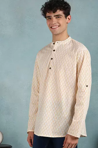 Men off white cotton geometric printed straight short kurta