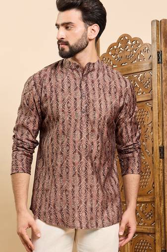 Mens brown cotton geometric printed ethnic straight short kurta